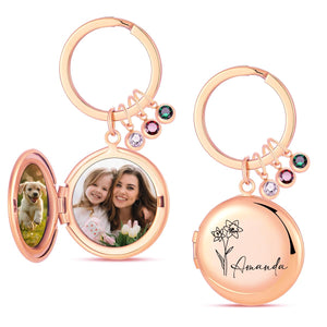 Cring Coco Custom Birth Flower Locket Keychain with Birthstone, Personalized Photo Keychain with Name & Message, Gift for Her, Mom, Anniversary