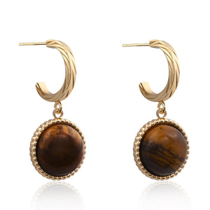 14k Gold Plated Tiger Eye Earrings Dangle Earrings Half Open Hoop Large Drop for Fashion Jewelry