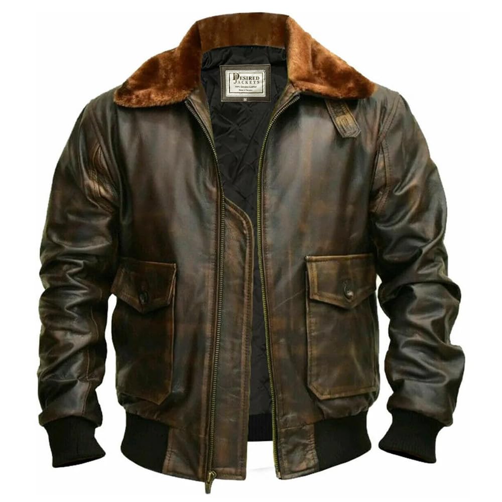 Mens G-1 Fur Collar US Navy Flight Distressed Brown Aviator Genuine Leather Jacket
