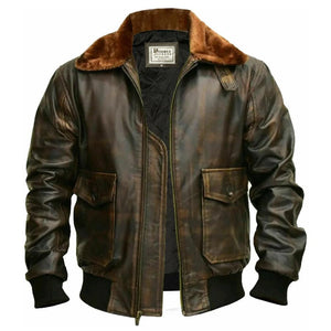 Mens G-1 Fur Collar US Navy Flight Distressed Brown Aviator Genuine Leather Jacket