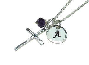 Personalized Necklace with Birthstone Necklace for Mom Sterling Silver Cross Necklace Initial Charm Mothers Jewelry Gift for Women