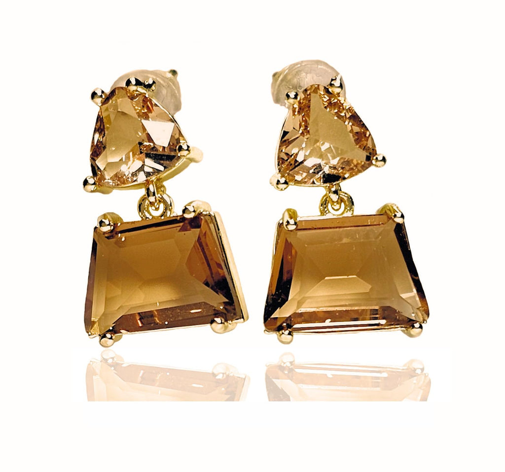 Geometric Brown Crystal Earrings 14K Gold Plated Elegant Women's Drop Earrings Faceted Crystal Glass Vintage Dangle Earrings USA HANDMADE