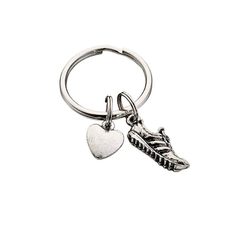 HEART and SOLE Key Chain - Pewter Heart and Running Shoe Charm on Stainless Steel Round Key Ring