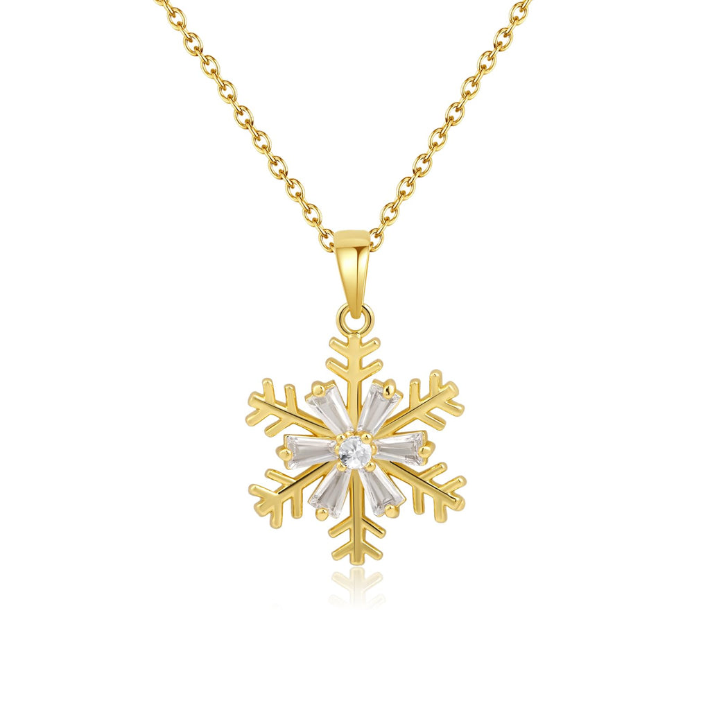 Watforsh 14K Gold Plated Snowflake Pendant Necklace Cubic Zirconia Winter Christmas Adjustable Thin Chain Necklace for Women