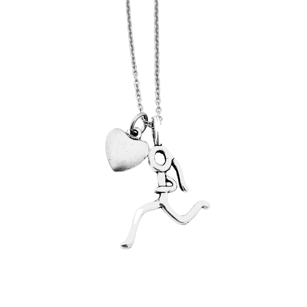 Heart of a Runner Girl Necklace - Pewter Puffed Heart and Pewter Stick Figure Runner Girl Charm on 18 inch Stainless Steel Cable Chain