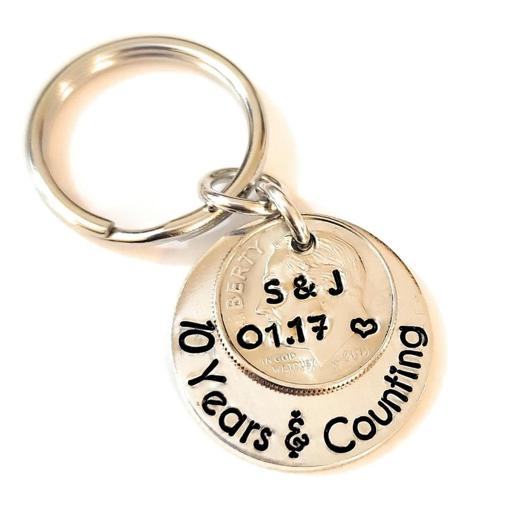Personalized 10 Years and Counting Key Chain, Wedding Year Dime, 10th Anniversary, Husband Gift, Wife Gift, Aluminum Anniversary