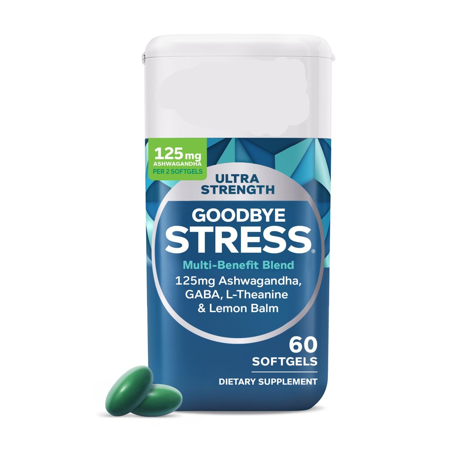 OLLY Ultra Strength Goodbye Stress dietary supplement container with green capsules on a white background