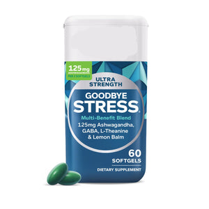 OLLY Ultra Strength Goodbye Stress dietary supplement container with green capsules on a white background