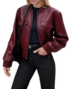Ommiivex Women Leather Jacket Faux Cropped Bomber Coat Cute Short for Casual Vacation Travel College Going Out Classy Outfit