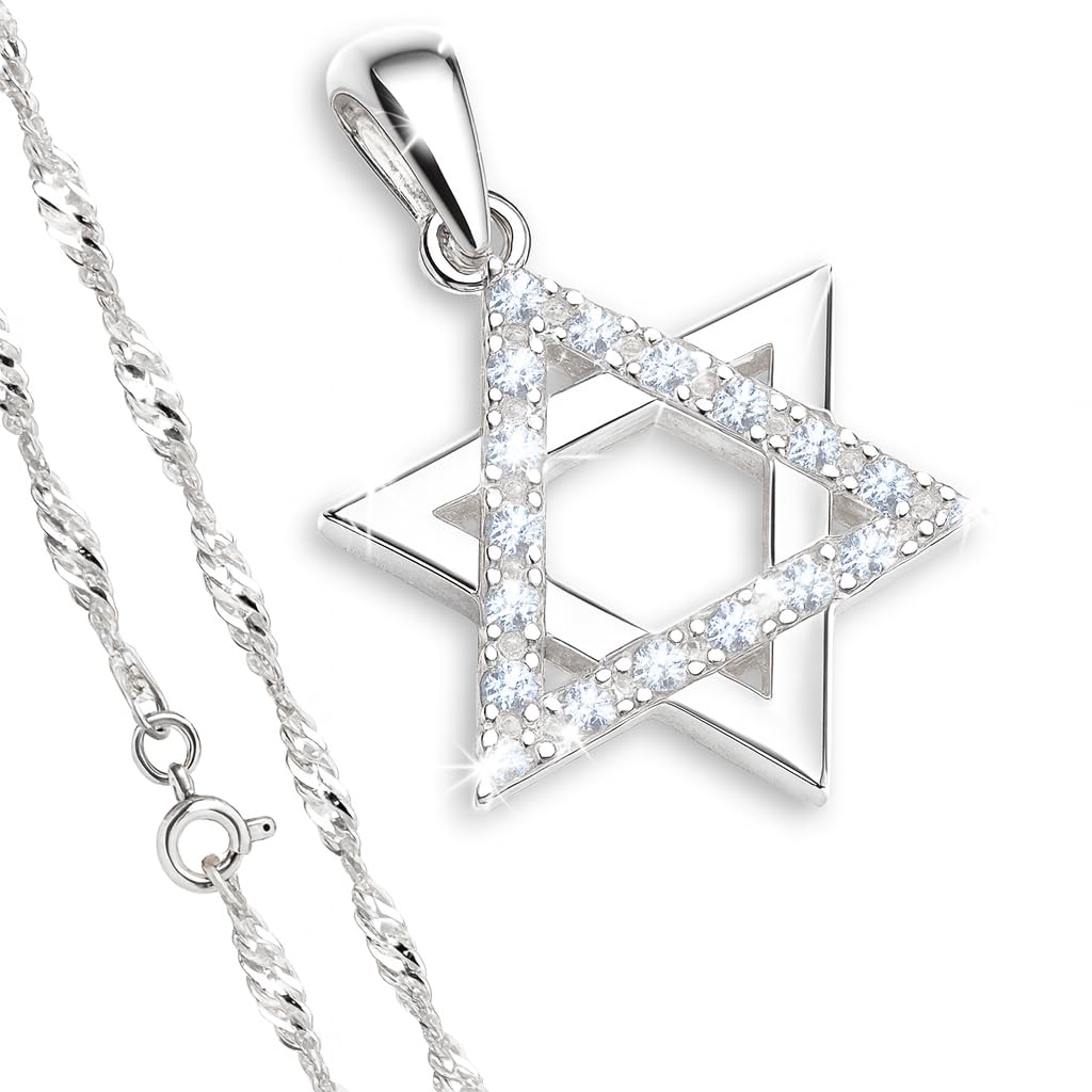 Jewish Star of David Necklace for Women - 925 Sterling Silver White Cubic Zirconia CZ Dainty Magen David Six-Point Star Pendant with Chain 20"- Judaica Hebrew Jewelry - Bat Mitzvah Gift