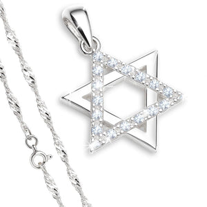 Jewish Star of David Necklace for Women - 925 Sterling Silver White Cubic Zirconia CZ Dainty Magen David Six-Point Star Pendant with Chain 20"- Judaica Hebrew Jewelry - Bat Mitzvah Gift