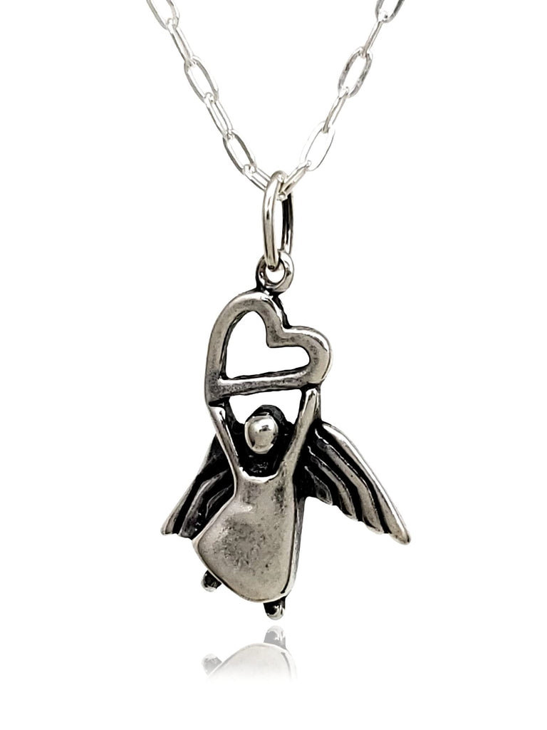 EnCharmed Sterling Silver Guardian Angel with Heart Charm Necklace, Spiritual Christian Pendant Jewelry