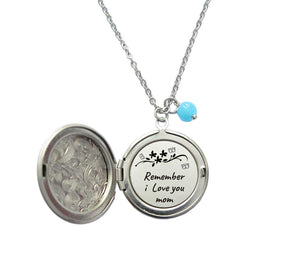 Remember I Love you Mom hidden message locket necklace with a blue bead,mother's day gift,wedding gift.