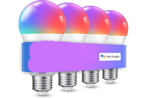 Four Govee smart light bulbs with colorful LED lights on a white background.