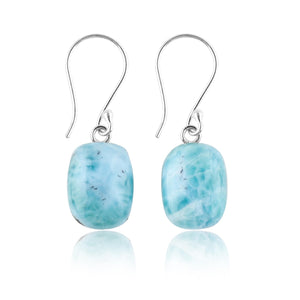 DEVMUKTI Natural Sky-Blue Larimar Gemstone Earrings, 925 Sterling Silver Bohemian Earrings, Handmade Cabochon Jewelry, Healing Crystals, Earrings for Women (Approx.14x10 to 16x12mm)