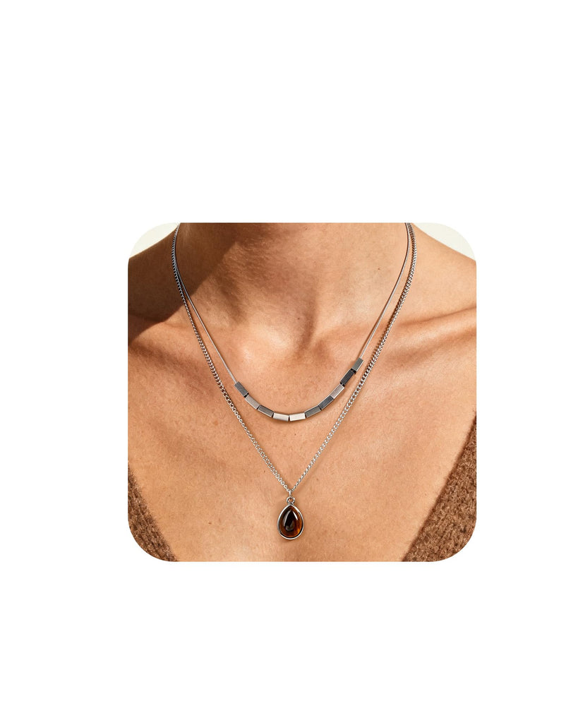 Zikichiky Tiger Eye Layered Necklaces for Women Silver Stackable Choker Necklace Teardrop Birthstone Pendant, Vintage Gemstone Jewelry for Women