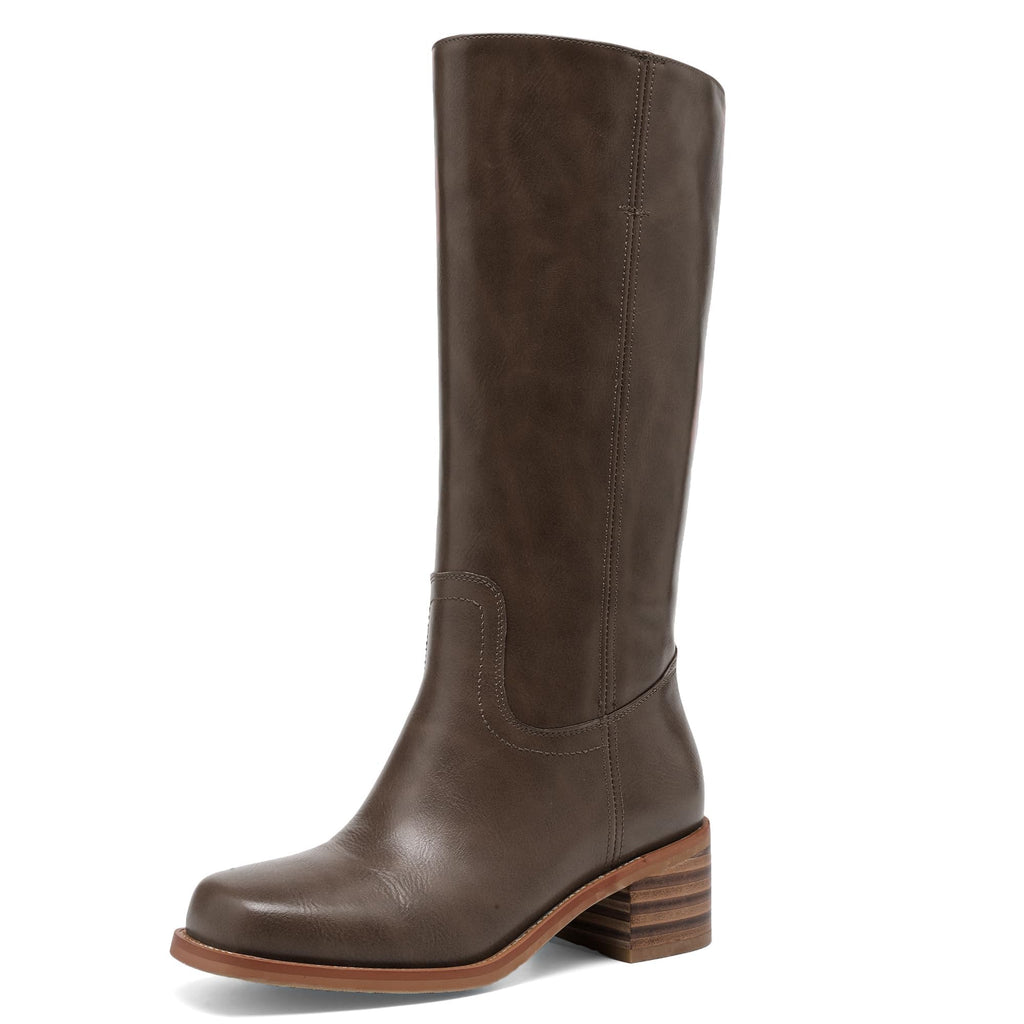 JOKACEAR ACHOCOLATE Women's Knee High Boots Square Toe Chunky Block Heel Long Boots for Women Comfortable Slip on Low Heel Womens Riding Boot.