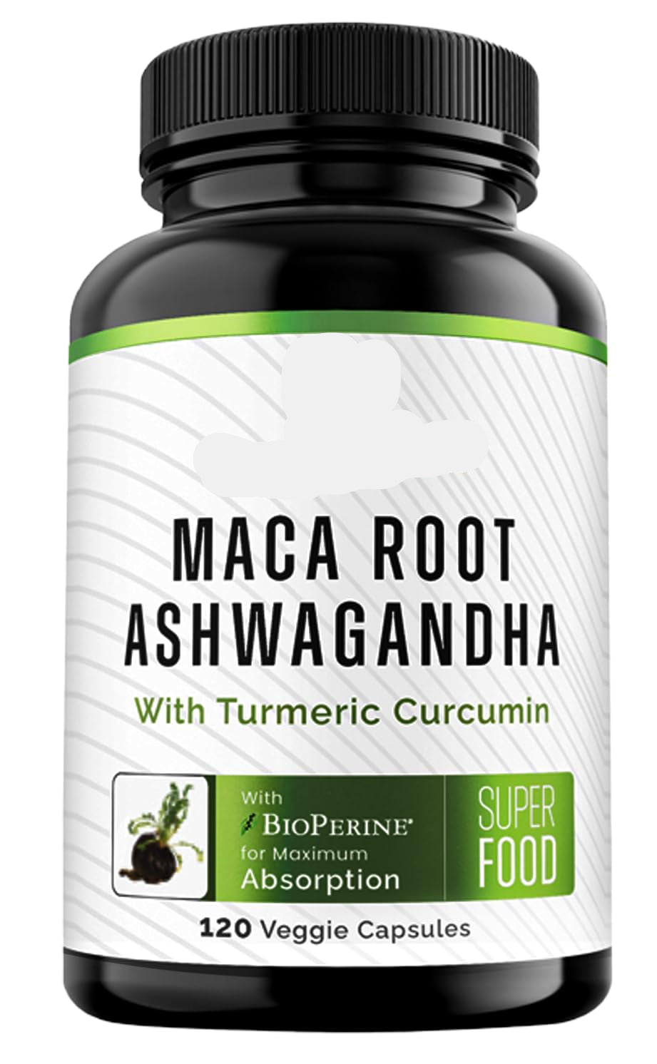 Supplement bottle labeled 'Maca Root Ashwagandha' with branding on a white background