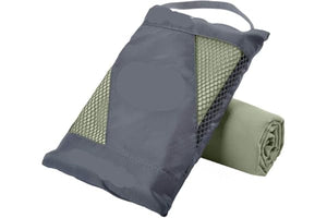 Roll-up microfiber towel with carrying case on a white background