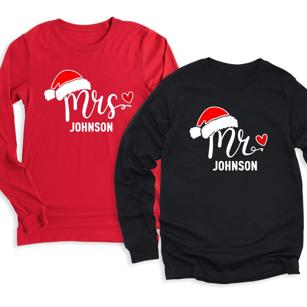 MONIART Personalized Couple Christmas Shirts, Custom Mr and Mrs Long Sleeve T Shirts and Sweatshirts, Festive Matching Holiday Outfits for Couples Multiple Colors