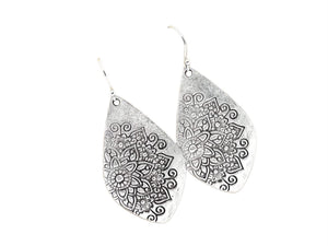Floral Stamp Distressed Teardrops on Sterling Silver Earrings Handmade Boho Women