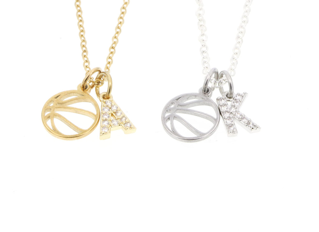 DistinctlyIvy Personalized Basketball Necklace - Player Team Gift - Custom CZ Sparkle Pave Crystal Initial - Stainless Silver Gold - DII