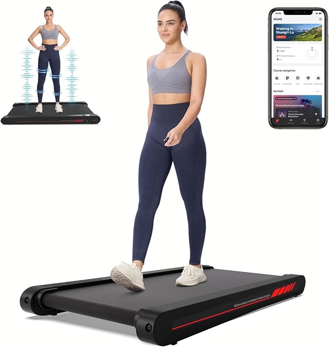 Woman using a portable treadmill with inset images of the treadmill and smartphone app.