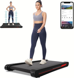 Woman using a portable treadmill with inset images of the treadmill and smartphone app.
