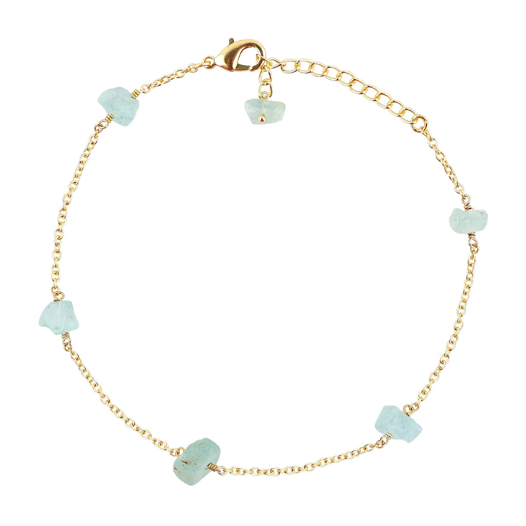 CRYSTALINES Natural Raw Blue Aquamarine Dainty Anklets, Rough Crystals Stone, Ankle Bracelet, Handmade Hanging Jewelry, 14K Gold Plated, Adjustable Chain, Gift for Women, 9+1.50inch