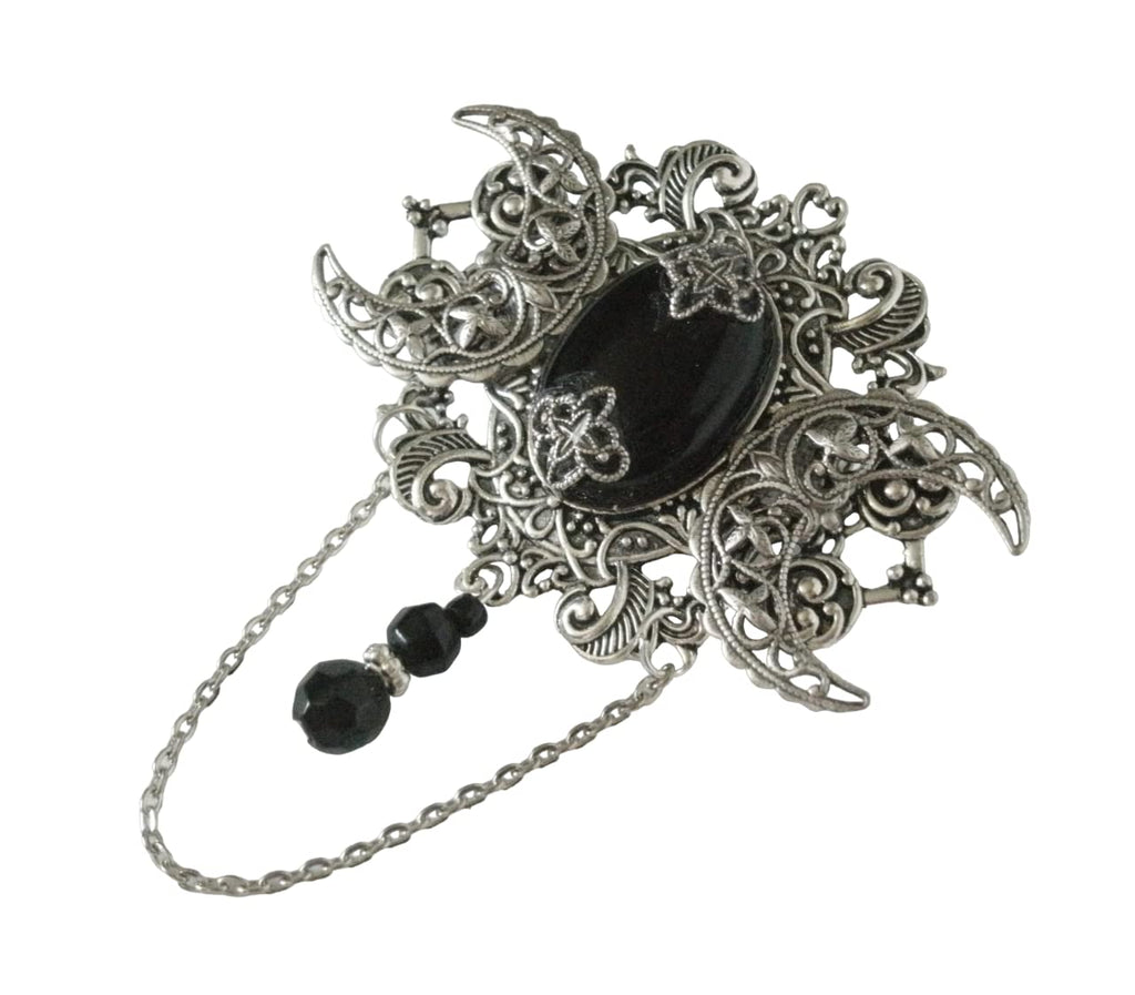 Black Onyx Triple Moon Brooch, handmade jewelry wiccan pagan wicca goddess witch witchcraft gothic cloak pin