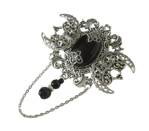 Black Onyx Triple Moon Brooch, handmade jewelry wiccan pagan wicca goddess witch witchcraft gothic cloak pin