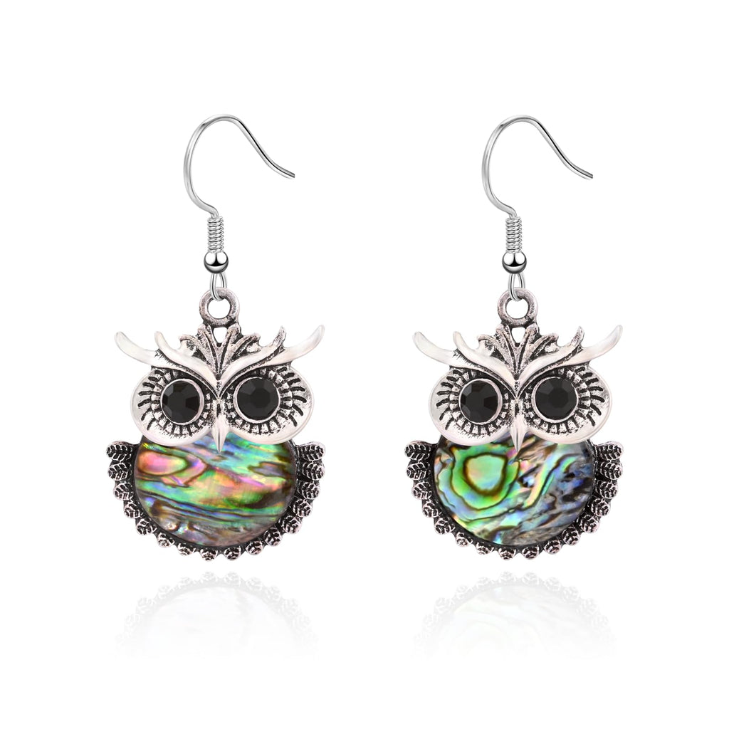 Vintage Owl Abalone Shell Dangle Earrings - Boho Funky Black Onyx Bird Earrings, Long Shell Jewelry for Women