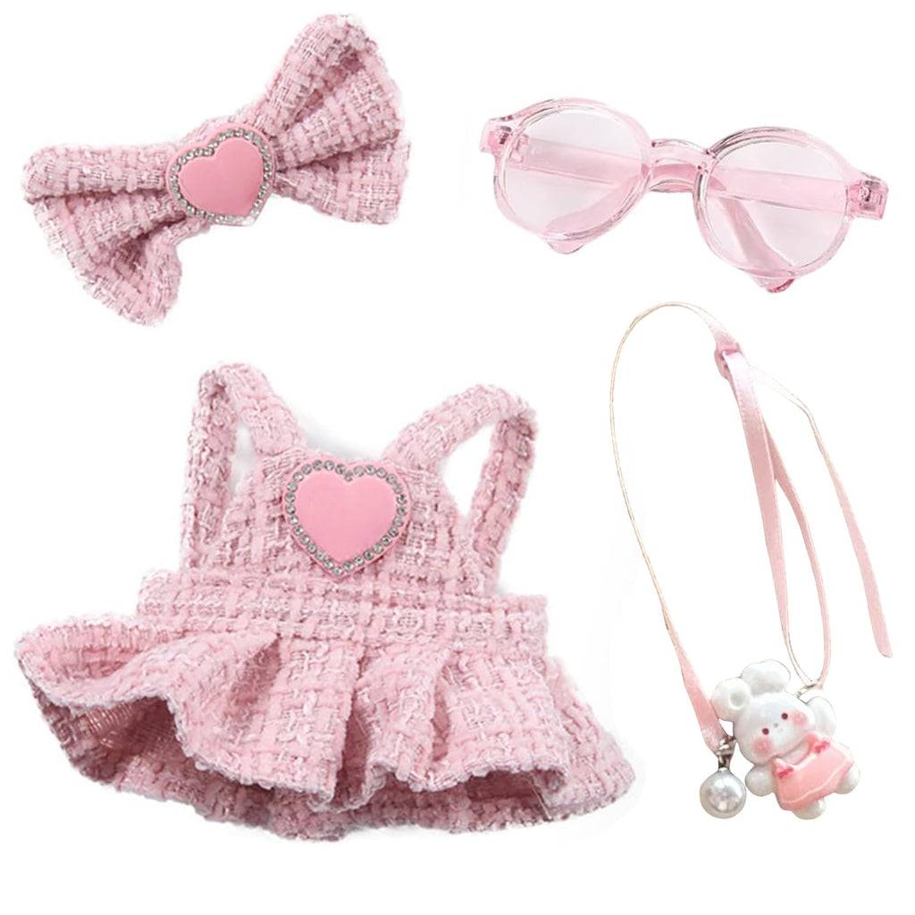 6.7in/17cm Doll Clothes Set(NO Doll), 4 Pcs Outfit Set Includes Premium Fashion Dresses & Bow Hairpin & Glasses & Cute Rabbit Charm, Luxury Chic Doll Clothing Accessories (Pink-4PCS)