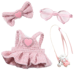 6.7in/17cm Doll Clothes Set(NO Doll), 4 Pcs Outfit Set Includes Premium Fashion Dresses & Bow Hairpin & Glasses & Cute Rabbit Charm, Luxury Chic Doll Clothing Accessories (Pink-4PCS)