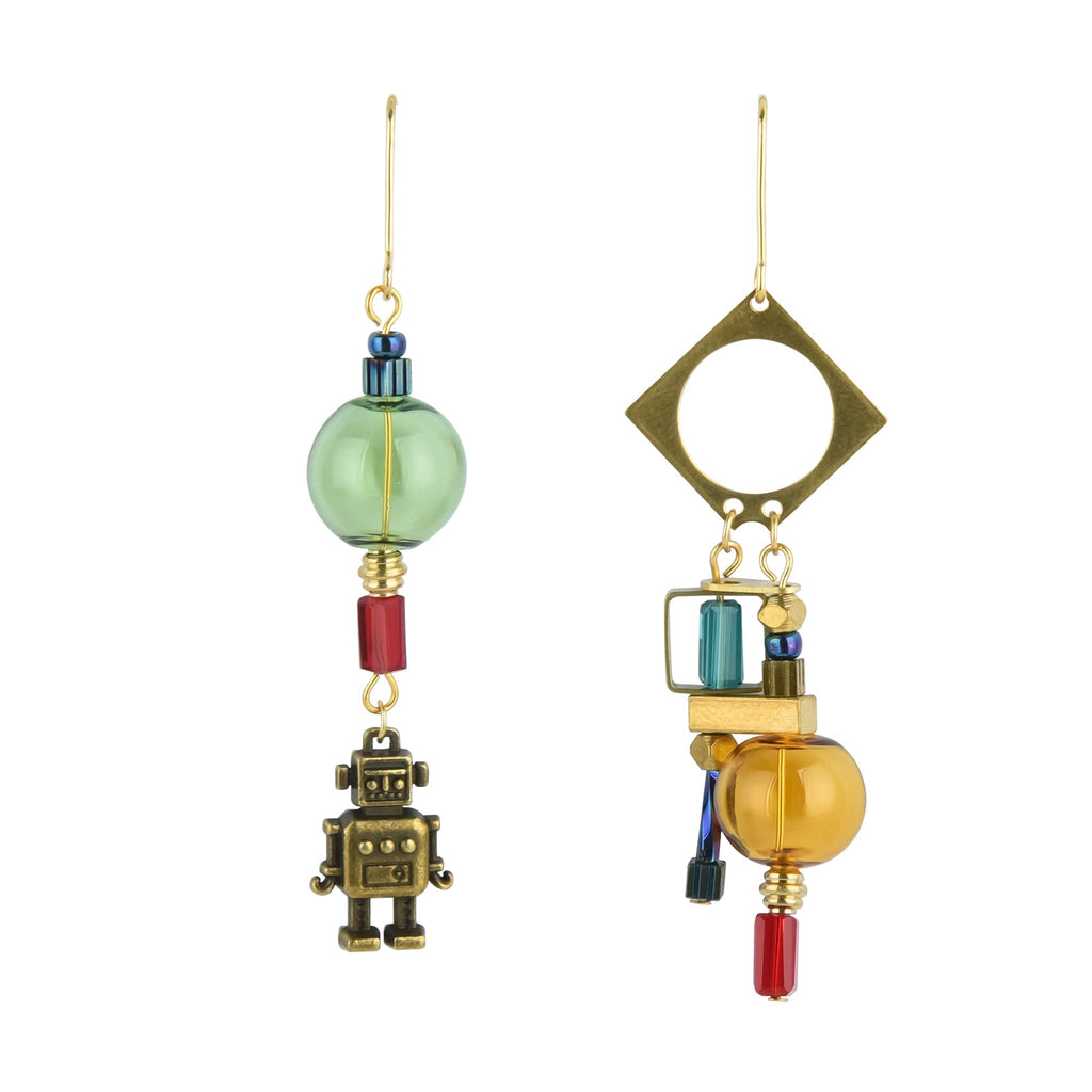 Mismatched Steampunk Earrings Asymmetrical Jewelry Robot Yellow Glass Ball Dangle Earrings for Women
