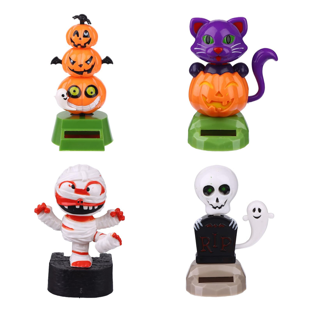 4 Pack Halloween Solar Powered Dancing Toys Skull Pumpkin Zombie Elf Witch Car Shaking Head Dancer Doll Halloween Toy Figurines Car Windowsill Decor for Car Dashboard Toys Gift Office Desk Decor