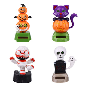 4 Pack Halloween Solar Powered Dancing Toys Skull Pumpkin Zombie Elf Witch Car Shaking Head Dancer Doll Halloween Toy Figurines Car Windowsill Decor for Car Dashboard Toys Gift Office Desk Decor