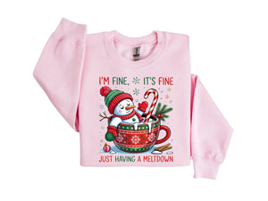 Snowman Sweatshirt, I’m Fine Just Having a Meltdown Christmas Sweatshirt, Holiday Winter Tee, Snowman Sweater, Merry Christmas Shirt, Xmas Tee Multi Color