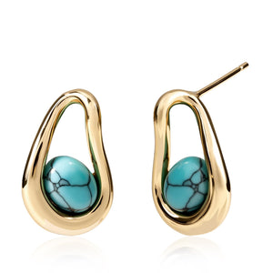 Teppdfann 14K Gold Plated Turquoise Stud Earrings – Genuine Turquoise in Teardrop Setting, Western Jewelry for Women, Lightweight Birthstone Stud Earrings for Everyday Boho Style