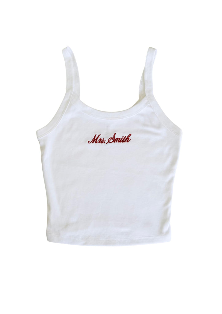 Up2ournecksinfabric, Embroidered Spaghetti Strap Tank Top, Mrs. Tank, Bride T-Shirt, Bridal Shower Gift, Engagement Gift, Bridal Tank Top White