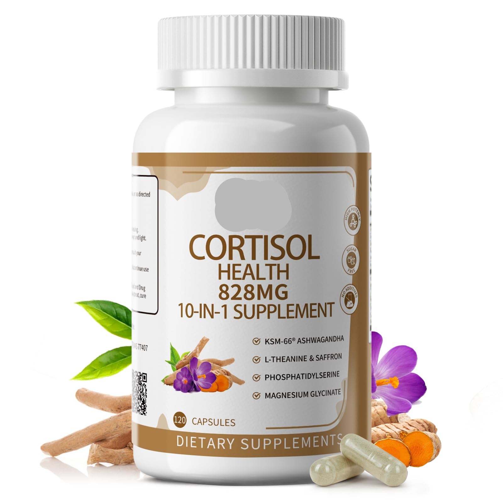 Supplement bottle labeled 'Cortisol Health 828MG' with ingredients on a white background