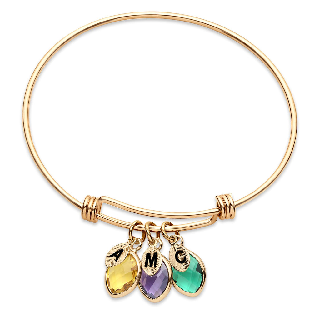 Birthstones & Initials Bracelet for Mom, Grandma, Women 1 To 7 Birthstones, Multiple Kids, Grandkids, Family Jewelry, Custom Adjustable Bangle 18k Gold Plated, Silver Birthday, Mother's Day Gift