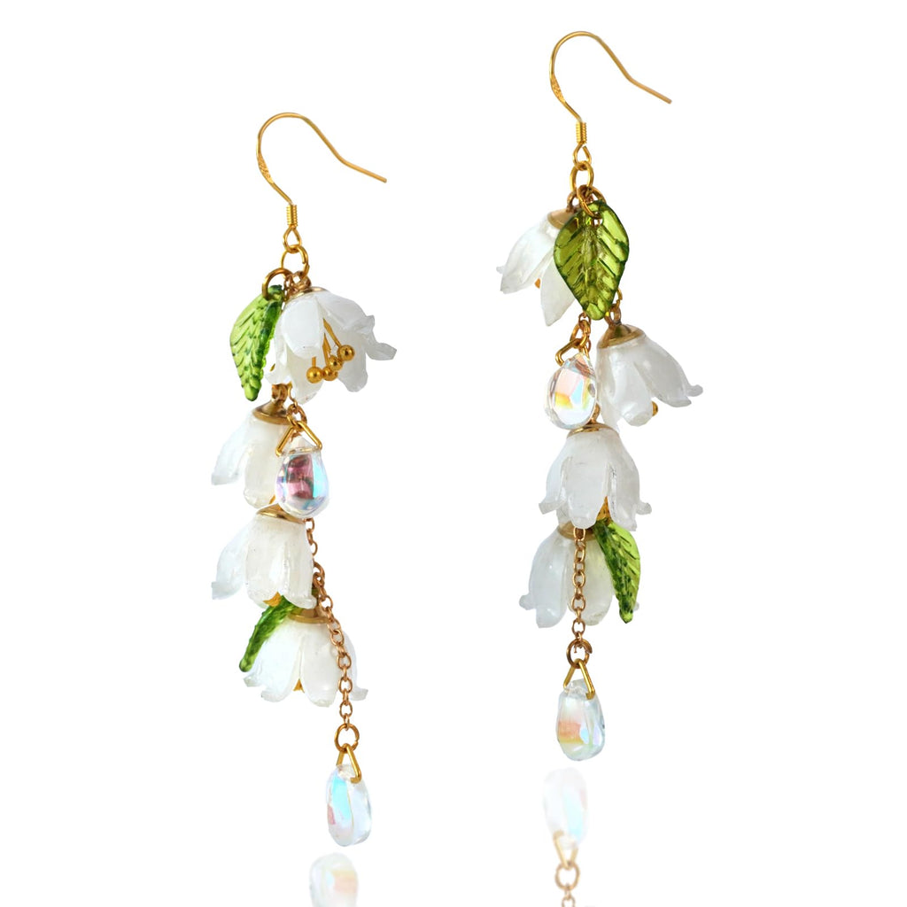 WEWDBY Handmade Lily of the Valley Earrings - Resin Flowers, Water Drop Beads, Lightweight & Hypoallergenic, Gift for Nature Lovers & Special Occasions