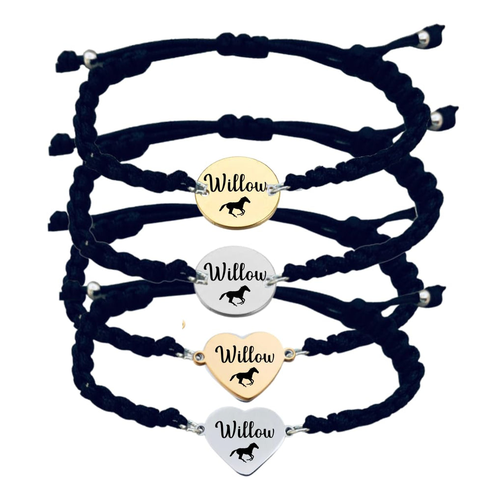 Sportybella Personalized Horse Adjustable Rope Bracelet, Black Heart Charm, Women's Unisex Horse Jewelry, Teen Adult Gift