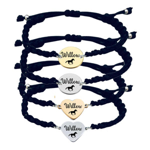 Sportybella Personalized Horse Adjustable Rope Bracelet, Black Heart Charm, Women's Unisex Horse Jewelry, Teen Adult Gift