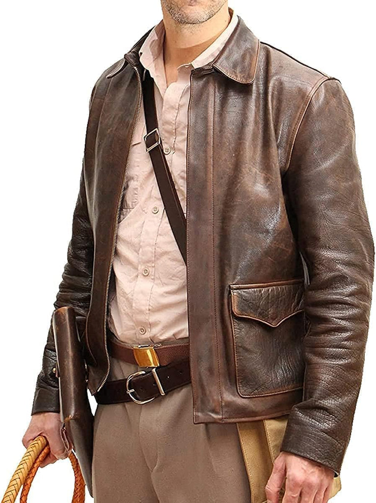 Men's Raiders of The Lost Harrison Jones Vintage Brown Bomber Leather Jacket Genuine Cowhide Distressed Leather Jacket