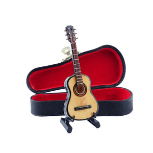 Wooden Miniature Guitar with Stand and Case Mini Musical Instrument Guitar Replica Collectible Figurines Dollhouse Accessories Model Home Decoration Display Ornament (3.94"x1.42"x0.59")