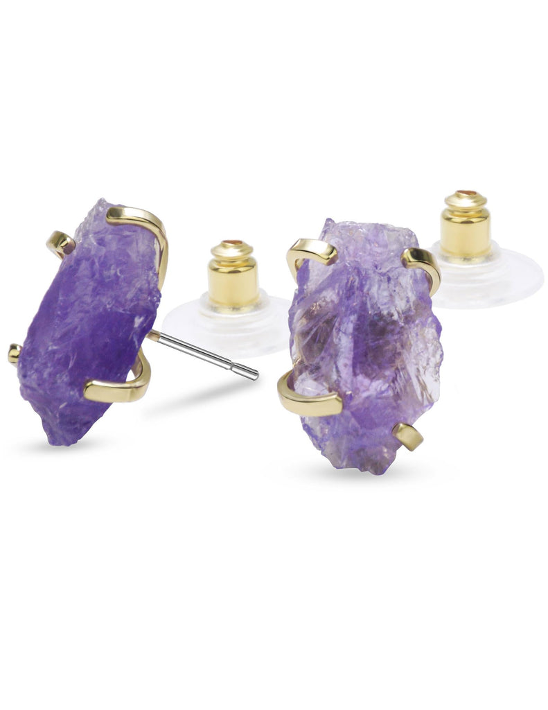 Amethyst Stud Earrings, Natural Amethyst Stone Prong Setting Gold Tone Earrings, February Birthstone Jewelry Gift for Her