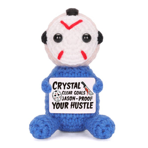 FunisFun Positive Halloween Doll, Cute Handmade Crochet Hockey Saw Scream Mask Dolls with Inspirational Card for Halloween Spooky Gifts Party Decor Cosplay (Hockey Mask)