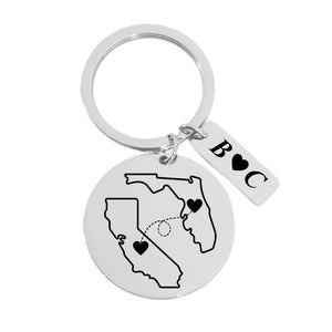 Personalized Long Distance Keychain – Custom 2 States, Countries, or Cities with Heart & Connecting Line – Meaningful Gift for Couples, Best Friends, Family – Custom Engraved Lond Distance Keepsake